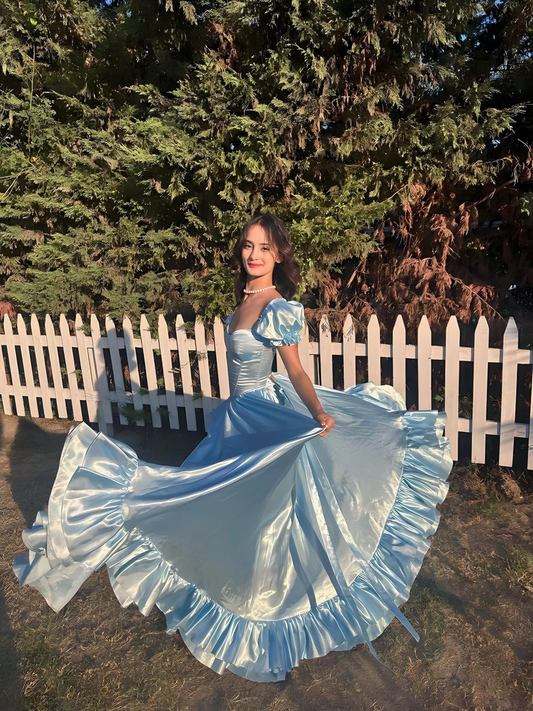 Baby blue corset dress with ruffles on the sides/baby blue long princess dress/party, wedding, prom, graduation , halloween dress