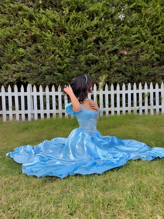Baby blue corset dress with ruffles on the sides/baby blue long princess dress/party, wedding, prom, graduation , halloween dress