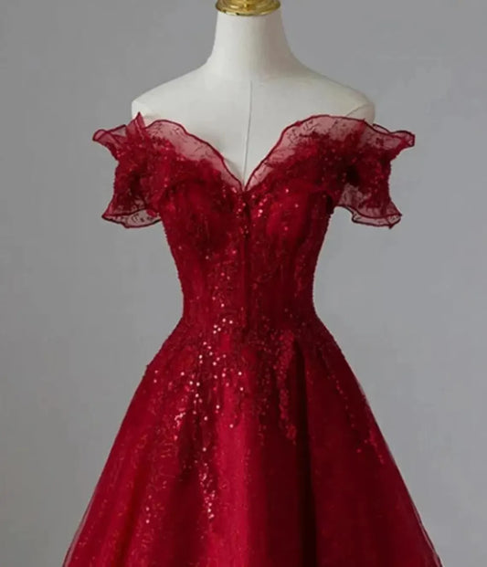 Red Off Shoulder Tulle Evening Dress,Red Prom Dress,Fairy prom dress,Wedding dress,Princess dress,Elegant party dress,Bridesmaid gown,Dress