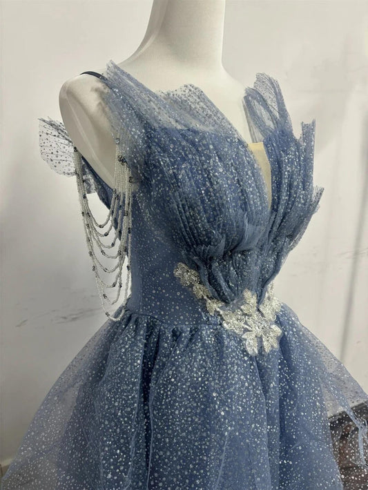 Blue Tulle Princess Prom Dress,Sweetheart Gowns,V Neck A-line Prom Dress,Fairy prom dress,Wedding dress,Elegant party dress,Bridesmaid gown