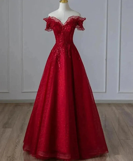 Red Off Shoulder Tulle Evening Dress,Red Prom Dress,Fairy prom dress,Wedding dress,Princess dress,Elegant party dress,Bridesmaid gown,Dress