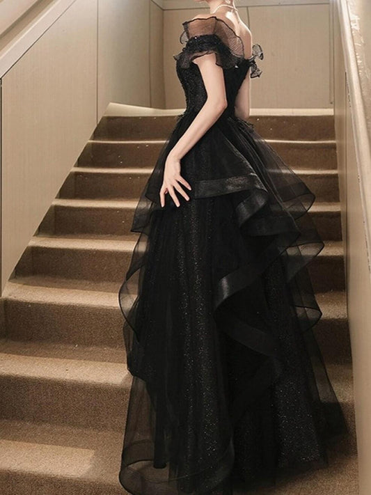 Black Off Shoulder Tulle Prom Dress, Lace Prom Dress, Tulle Prom Dress, Cocktail Dress, Evening Party Dress, Birthday Dress, Party Dress
