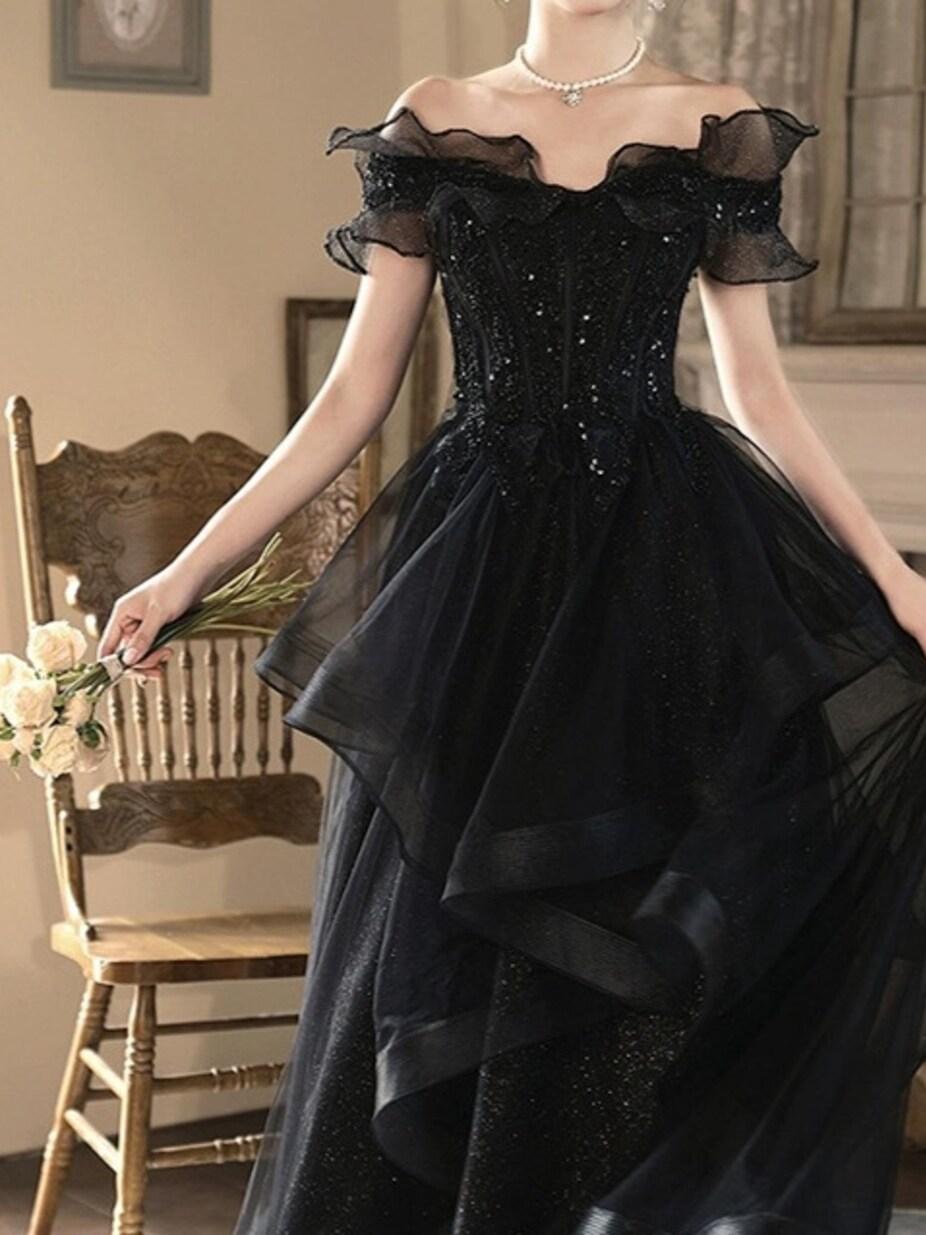 Black Off Shoulder Tulle Prom Dress, Lace Prom Dress, Tulle Prom Dress, Cocktail Dress, Evening Party Dress, Birthday Dress, Party Dress