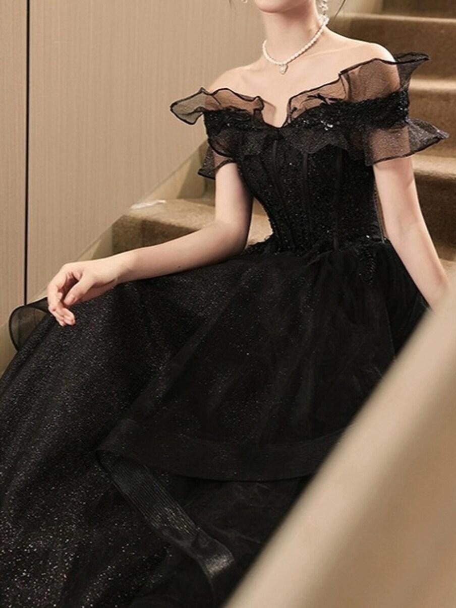 Black Off Shoulder Tulle Prom Dress, Lace Prom Dress, Tulle Prom Dress, Cocktail Dress, Evening Party Dress, Birthday Dress, Party Dress