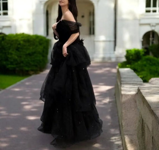 Black Glitter Tulle Puffy Prom Dress, Off Shoulder Evening Prom Dress, Wedding Dress, Princess Dress, School Party Dress, Bridal Dress