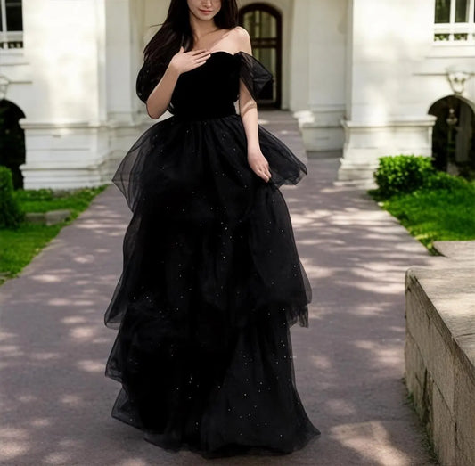 Black Glitter Tulle Puffy Prom Dress, Off Shoulder Evening Prom Dress, Wedding Dress, Princess Dress, School Party Dress, Bridal Dress