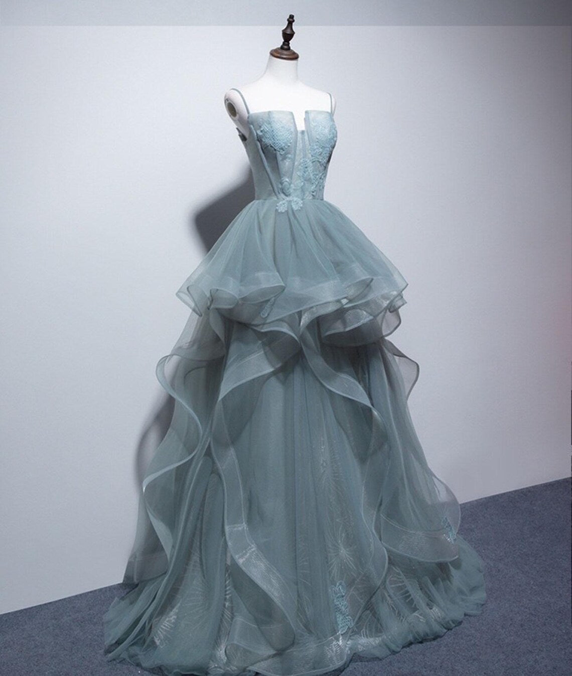 Elegant Green Tulle Prom Dress,Fairy Long Prom Gown,Green Straps Prom Dress,Graduation Dress,Evening Party Dress,Green Ball Gown Custom Fee