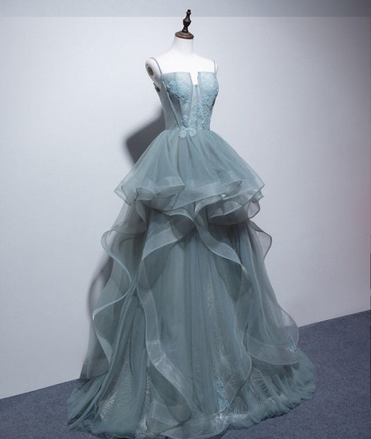 Elegant Green Tulle Prom Dress,Fairy Long Prom Gown,Green Straps Prom Dress,Graduation Dress,Evening Party Dress,Green Ball Gown Custom Fee