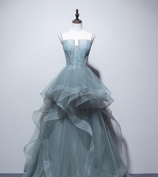 Elegant Green Tulle Prom Dress,Fairy Long Prom Gown,Green Straps Prom Dress,Graduation Dress,Evening Party Dress,Green Ball Gown Custom Fee