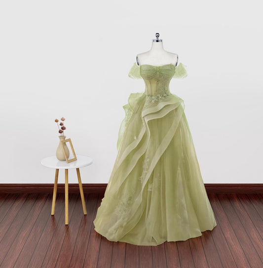 Off the Shoulder Green Blue Beaded Long Prom Dresses, Off Shoulder Green Blue Formal Evening Dresses