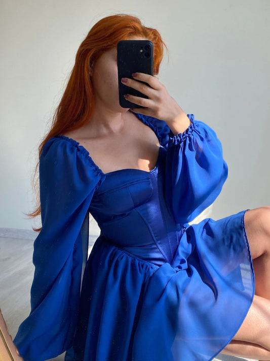 blue tulle sleeve corset dress /party,prom,birthday dress / halloween dress