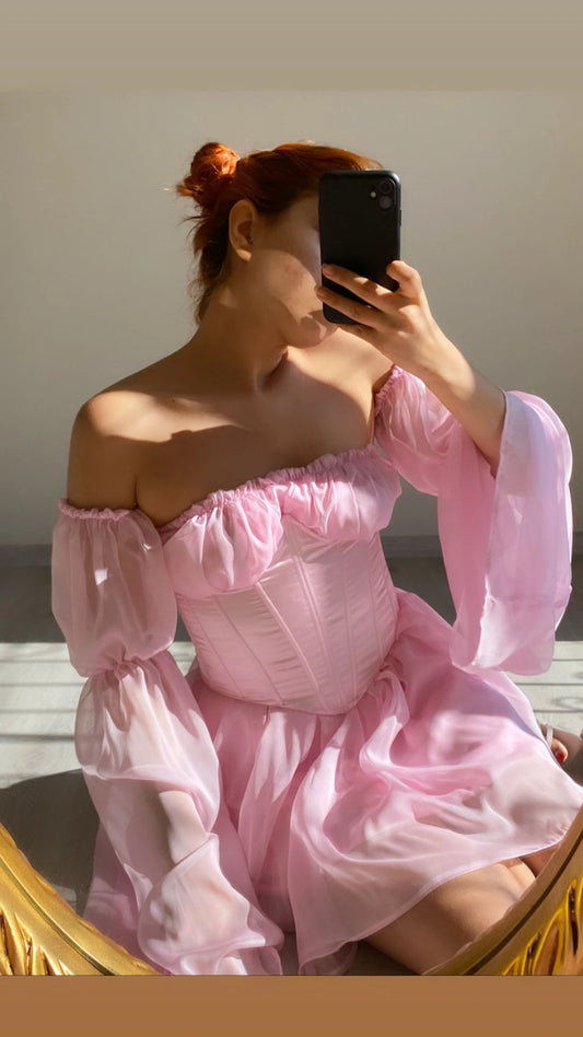 pink waist corset chiffon dress/tulle sleeve pink dress/satin waist corset dress/strapless pink dress/birthday