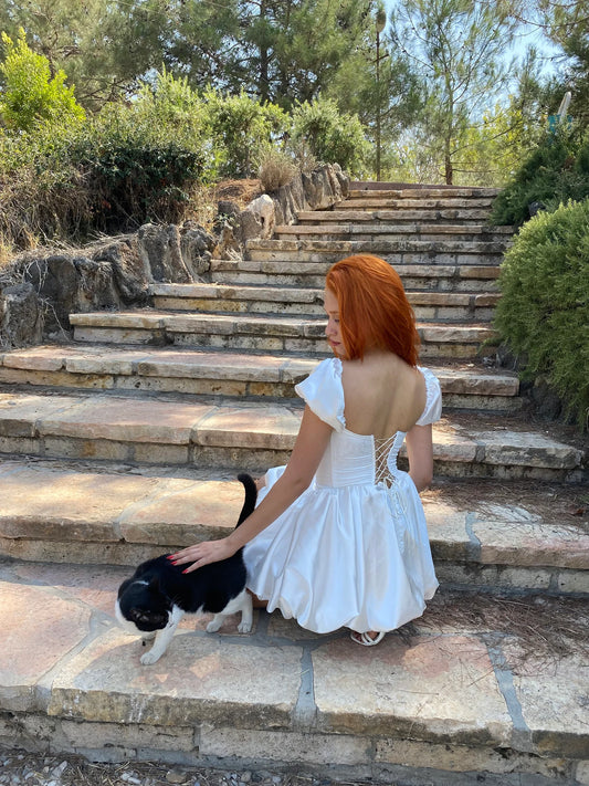 off white satin balloon skirt corset dress/white jacquard satin watermelon sleeve model corset dress/Prom,Birthday