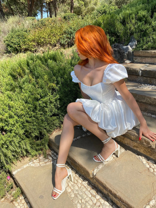 off white satin balloon skirt corset dress/white jacquard satin watermelon sleeve model corset dress/Prom,Birthday