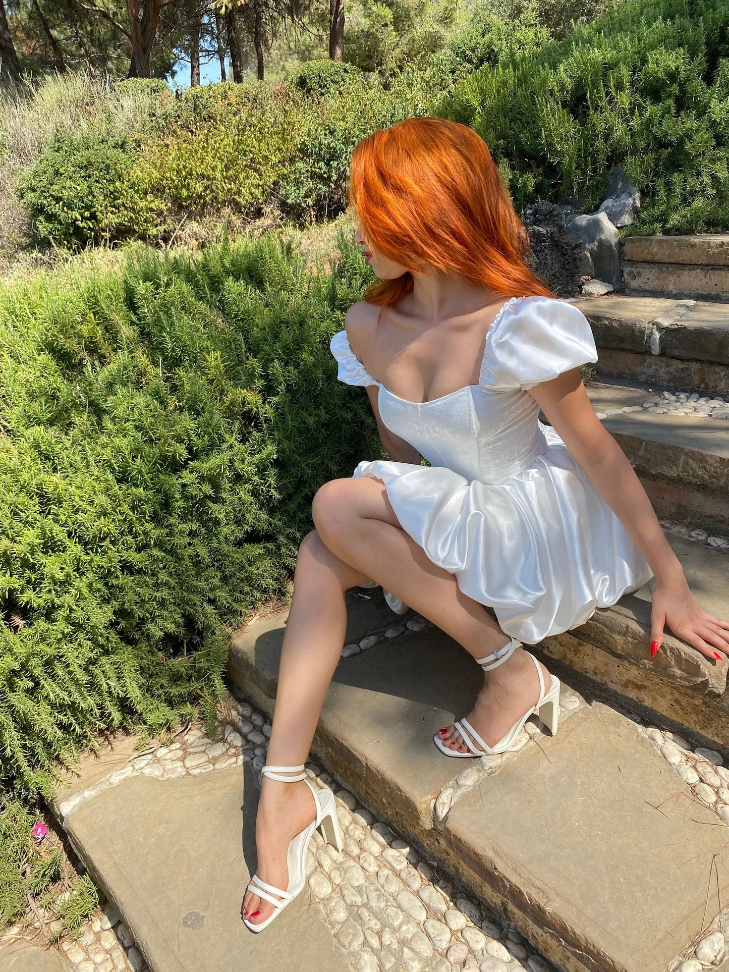 off white satin balloon skirt corset dress/white jacquard satin watermelon sleeve model corset dress/Prom,Birthday