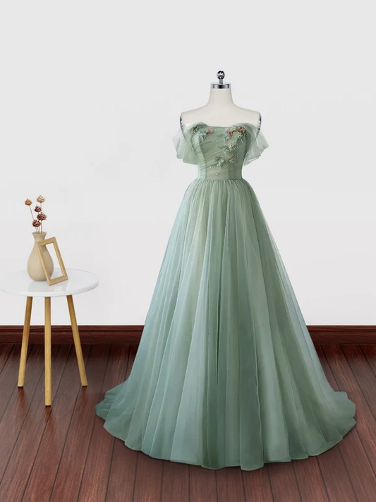 Off the Shoulder Green Floral Long Prom Dresses, Green Floral Long Formal Graduation Dresses