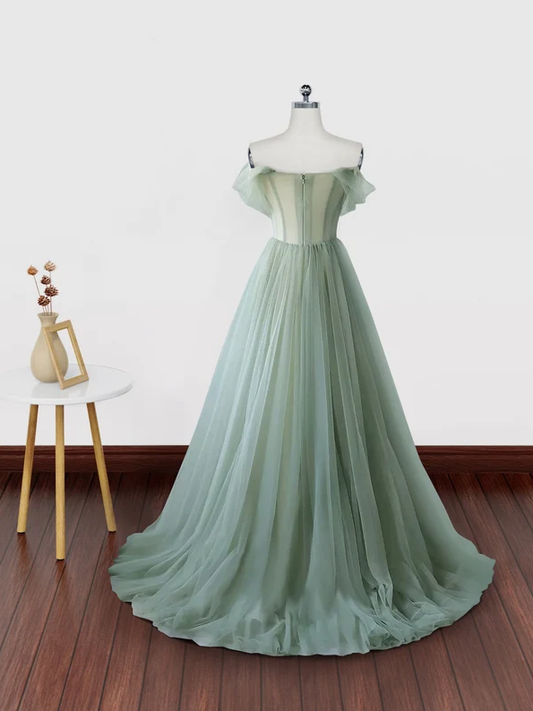 Off the Shoulder Green Floral Long Prom Dresses, Green Floral Long Formal Graduation Dresses