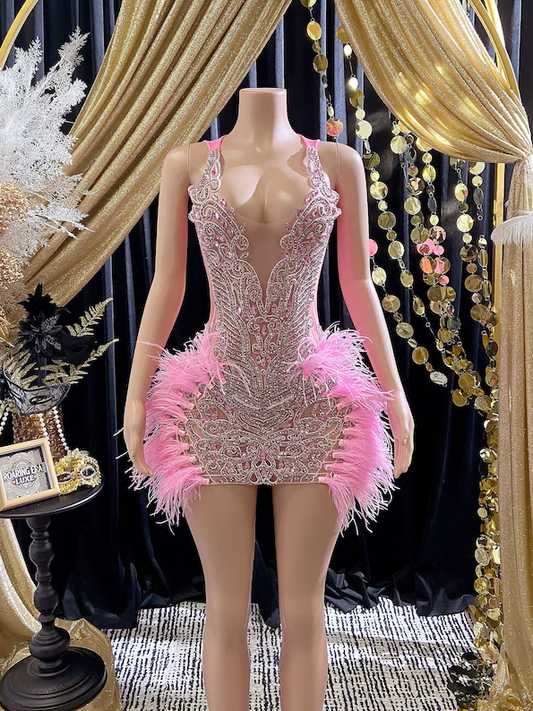 Luxury Pink Rhinestone Appliqué Evening Dress - Handcrafted Couture Gown with Crystals - Birthday & Prom Dress in Tulle and Mesh Fabric