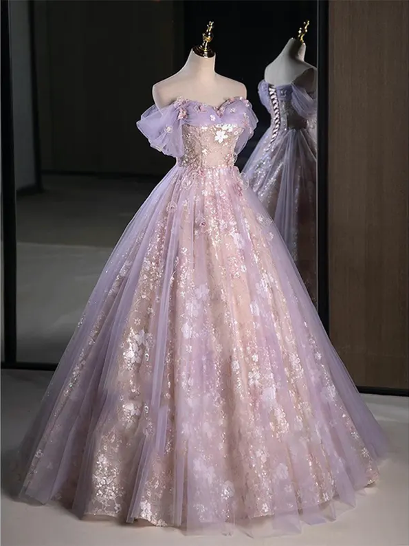 Purple Floral Tulle Prom Dress,christmas Dress,elegant prom gown,a line ball gown,evening dress,cocktail Dress,prom dress,strapless Dress