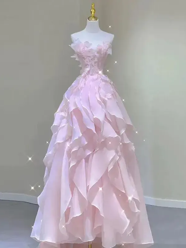 Fashion Pink Floral Prom Dress,Formal Evening Gowns,Birthday Graduation Bridesmaid Dress,Cocktail Dress,Princess Dress,Fairy Dress,Ball Gown