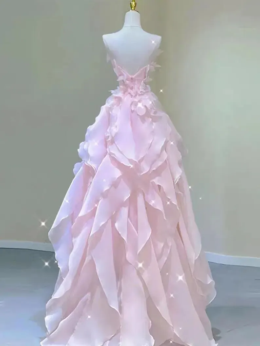 Fashion Pink Floral Prom Dress,Formal Evening Gowns,Birthday Graduation Bridesmaid Dress,Cocktail Dress,Princess Dress,Fairy Dress,Ball Gown