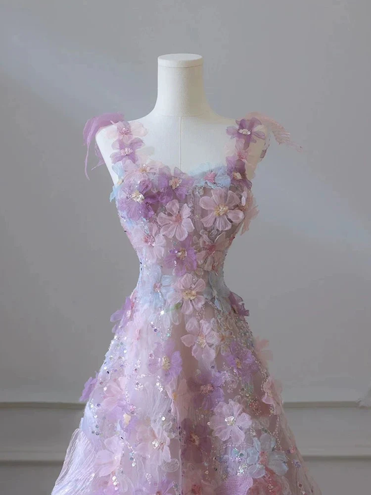 line 3D Floral lace skirt tulle bodice floor-length prom dresses