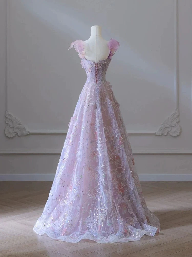 line 3D Floral lace skirt tulle bodice floor-length prom dresses