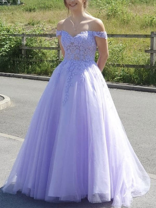 Off Shoulder Purple Lace Long Prom, Purple Lace Formal, Long Purple Evening