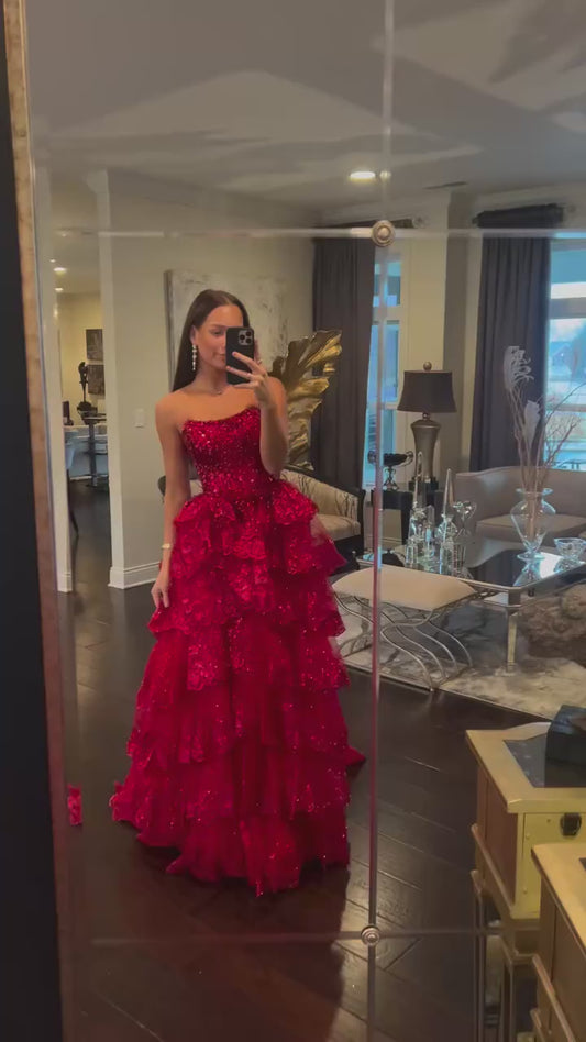 Strapless Lace Tulle Tiered Prom Dress Sparkly Sequin With Slit Bridesmaid Dresses Formal Evening Party Gowns