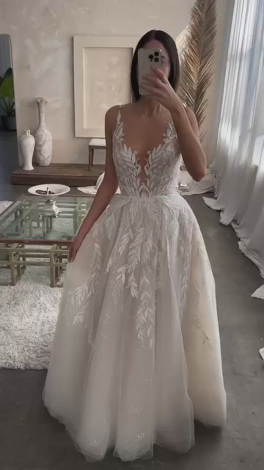 Lace Appliques Wedding Dresses for Women Sexy Side Slit Glitter Tulle Bridal Gowns A-Line Customized