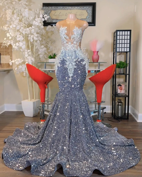 O Neck Silver Prom Dresses, Plus Size Prom Dresses, Sparkly Prom Dress ...