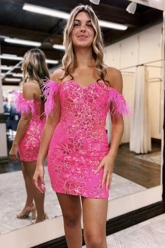 Sweetheart Hot Pink Sequins Short Homecoming Dress with Feather