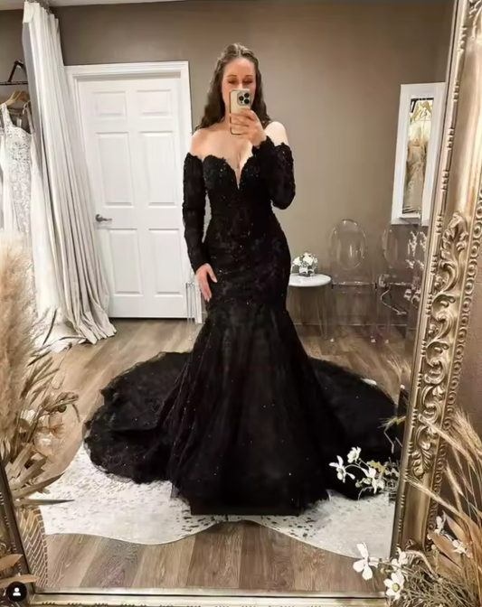 Customized Gothic Black Wedding Dress Off Shoulder Lace Mermaid Bridal Gown Sweetheart Lace-Up Back Retro Vestdio De Novia 2025