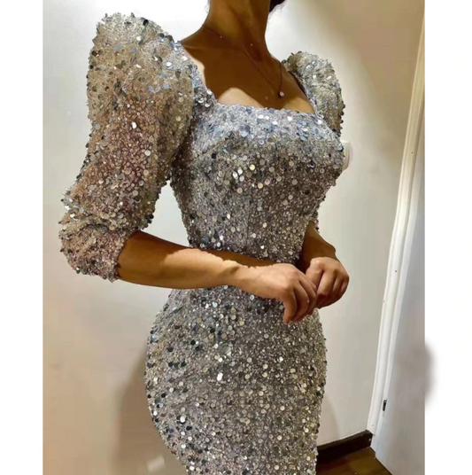 Champagne Sequin Mermaid Prom Dresses Women Formal Party Night 3/4 Sleeves Evening Gown Square Neck Elegant Vestido De Gala,BG001