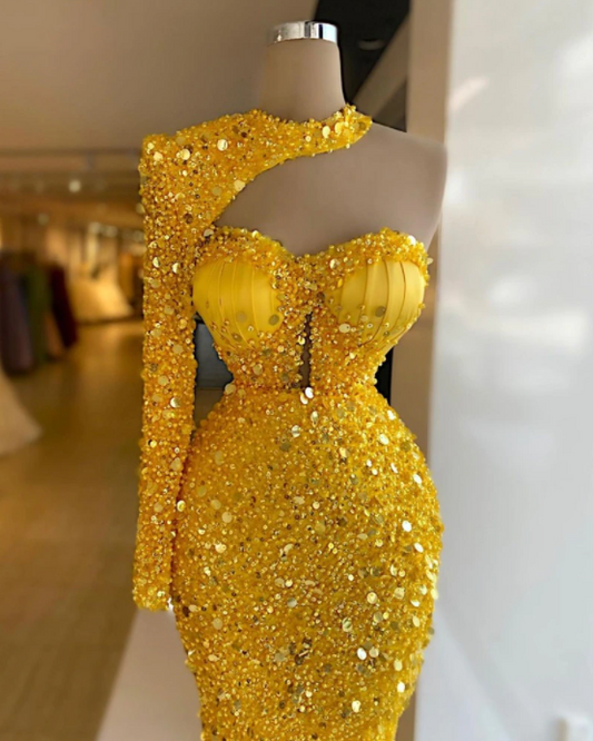 Luxury Gold Mermaid Evening Gowns Sequined Beaded Women Prom Dress With Long Sleeves Party Robe de mariée,BG010