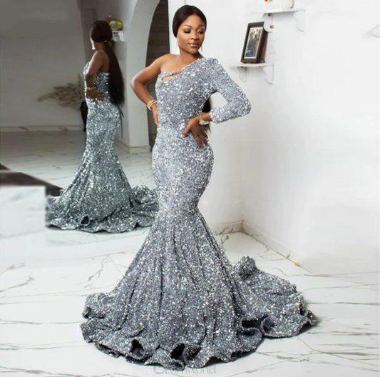 Silver Sequins Mermaid Prom Dresses Long Reception Evening Gowns African Women Formal Party