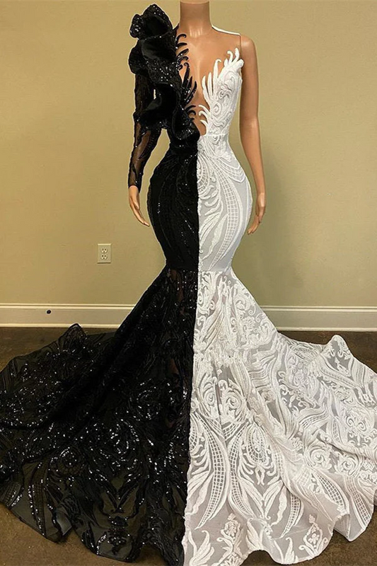 Gorgeous Bicolor Tddecoration V-neck One Shoulder Long Sleeve Floor-length Mermaid Prom Dresses