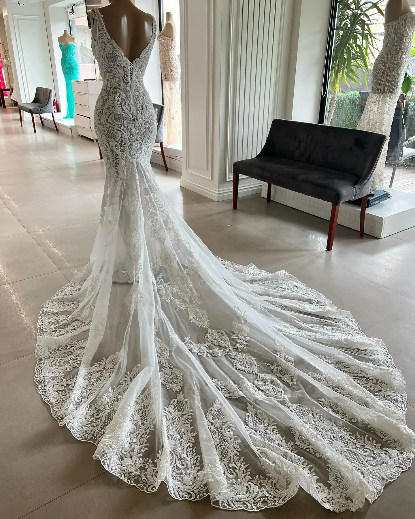 Elegant 2023 Full Lace Mermaid Wedding Dresses V Neck Lace Appliqued Boho Country Bridal Party Gowns Vestidos De Novia