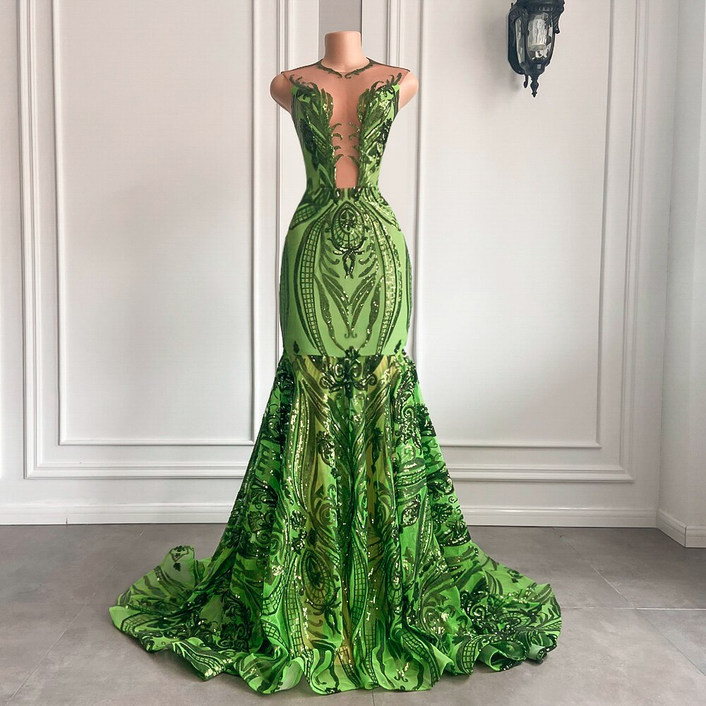 Long Sparkly Prom Dresses Sexy Mermaid Style Sheer O-neck Mint Green Black Girl Prom Gala Party Gowns