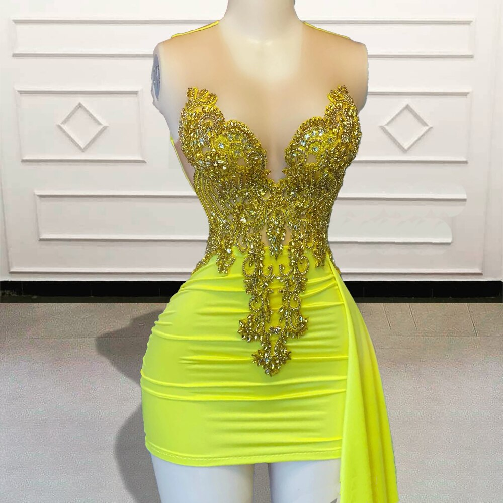 Glitter Beaded Crystal Diamond Short Prom Dresses Yellow Sleeveless Sexy Black Girls Mini Cocktail Gowns for Birthday Party