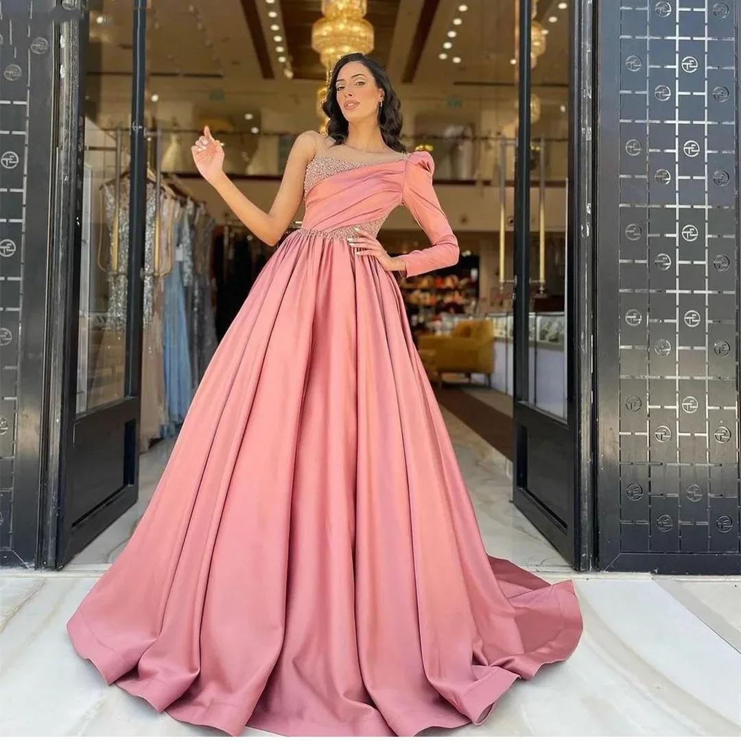 One Shoulder Long Sleeve Pink Satin Prom Dresses Pleat A Line Sweep Train