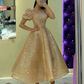 Glitter Champage Sequined Prom Dresses Puff Short Sleeves Square Neck Ankle Length A Line Formal Evening Gowns