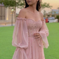 Pink Tulle Sweetheart Neck Long Sleeves Prom Dress Evening Dress