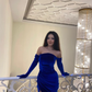Strapless Royal Blue Velvet Pleated Prom Dress Evening Dress With Gloves
