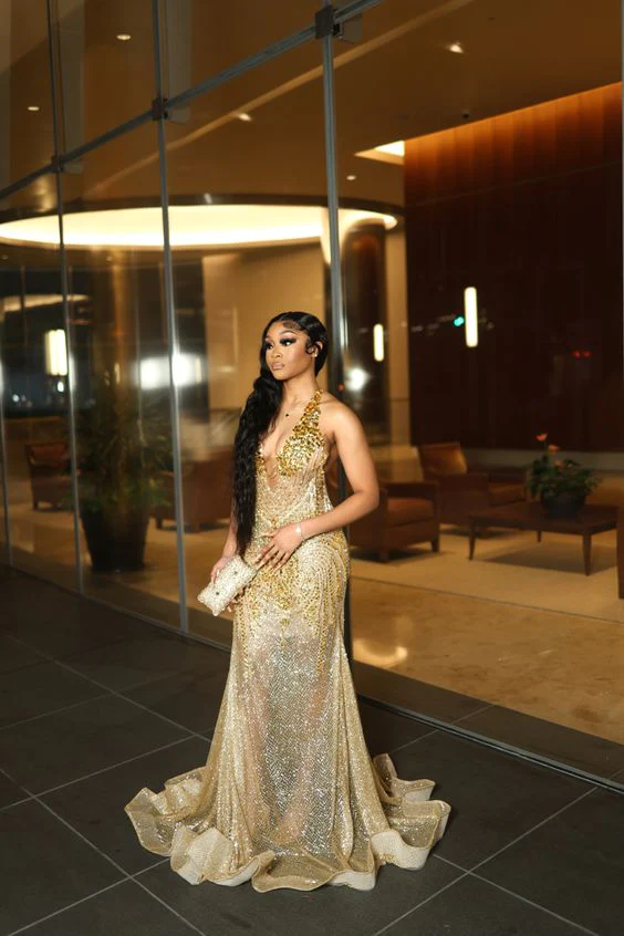 Golden Dresses Party Women 2025 Halter Crystal Sequin Mermaid Evening Gowns Lace Luxury Birthday Party Outfits Customized
