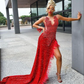 Red Sequin Long Train Prom Dress Slit Evening Dress