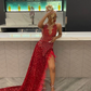 Red Sequin Long Train Prom Dress Slit Evening Dress