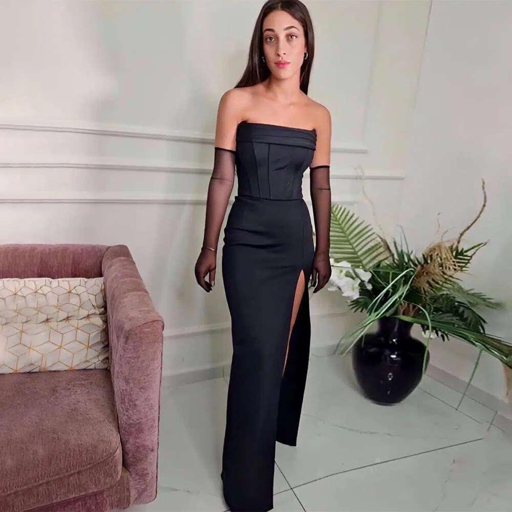 Black Satin Evening Dress with Gloves Strapless High Splie Column Evening Gowns for Women Floor Length Backless Prom Dress