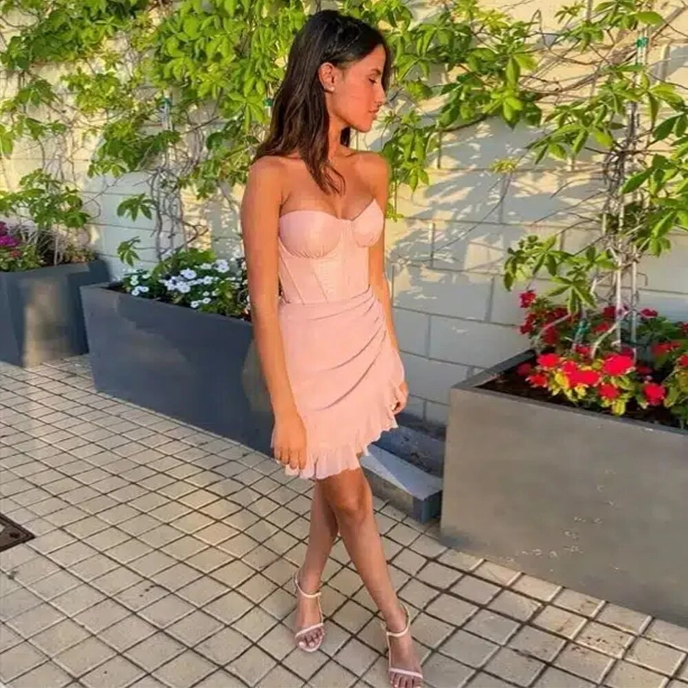 Pink Cocktail Dress Mini Sweetheart Pleated Ruffle Sexy Women's Cocktail Gowns Short Backless Sheath Evening Party Dresses