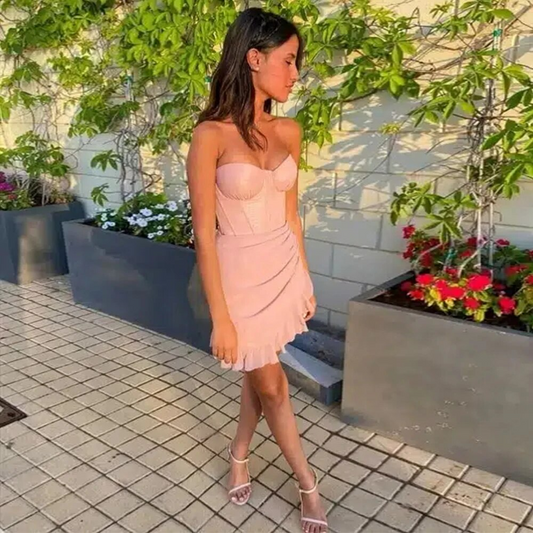 Pink Cocktail Dress Mini Sweetheart Pleated Ruffle Sexy Women's Cocktail Gowns Short Backless Sheath Evening Party Dresses